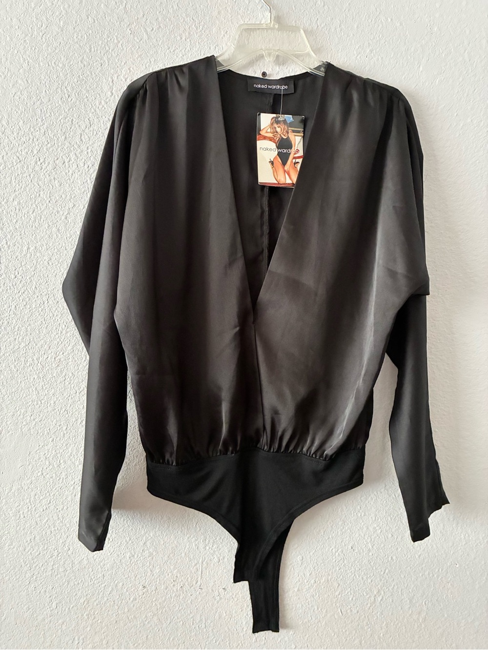 Naked Wardrobe L BLK Poly Spandex Low Cut Sexy Long Sleeve Dressy Thong Bodysuit